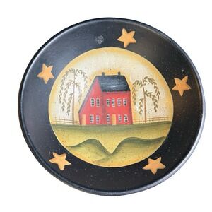 Primitive Folk Art Hand Painted Wooden Bowl Red Farmhouse Willow Tree Stars 11"